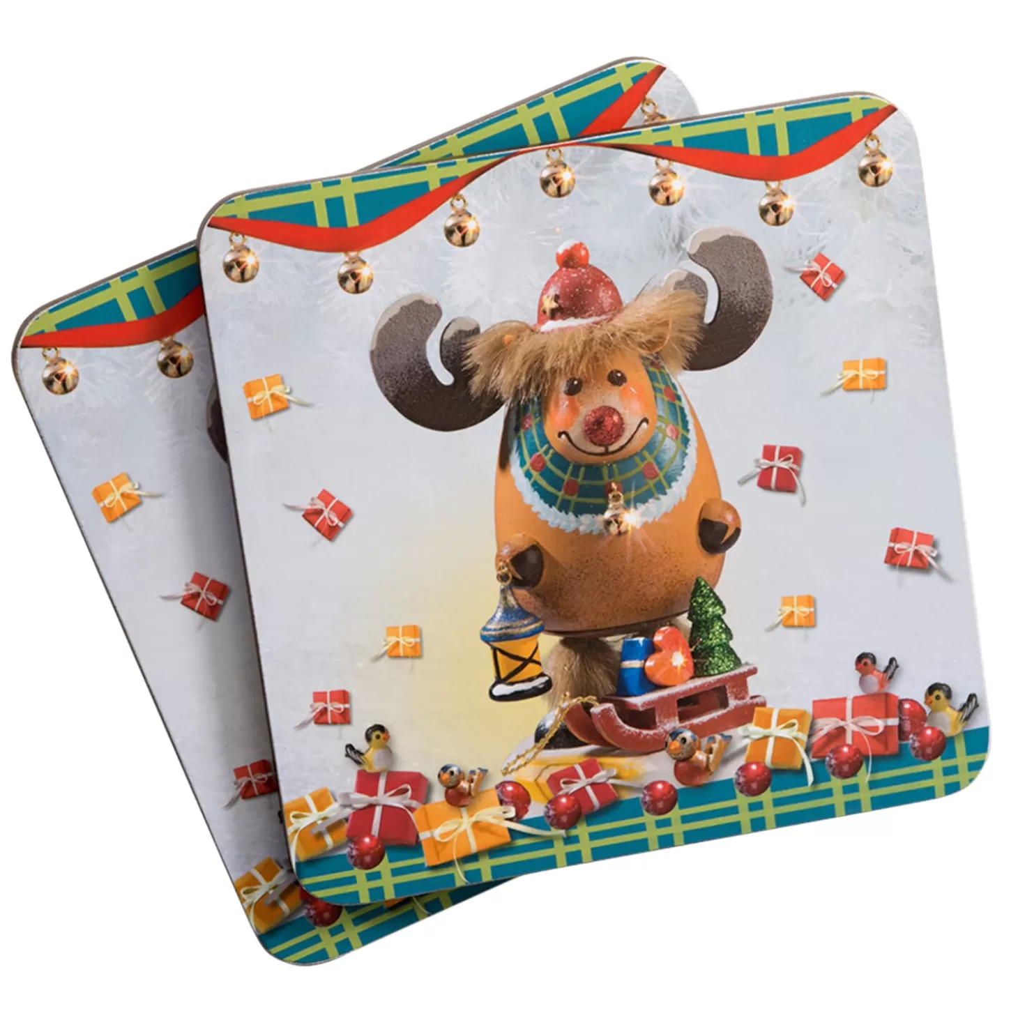* Table Decorations>Cork Backed Coaster "Rudi, The Christmas Moose", 4 Pieces