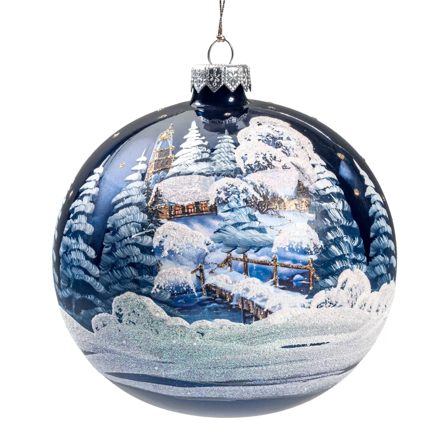* Tree Baubles And Set Offers>Glass Bauble Blue Church Winter Scene, 12 Cm