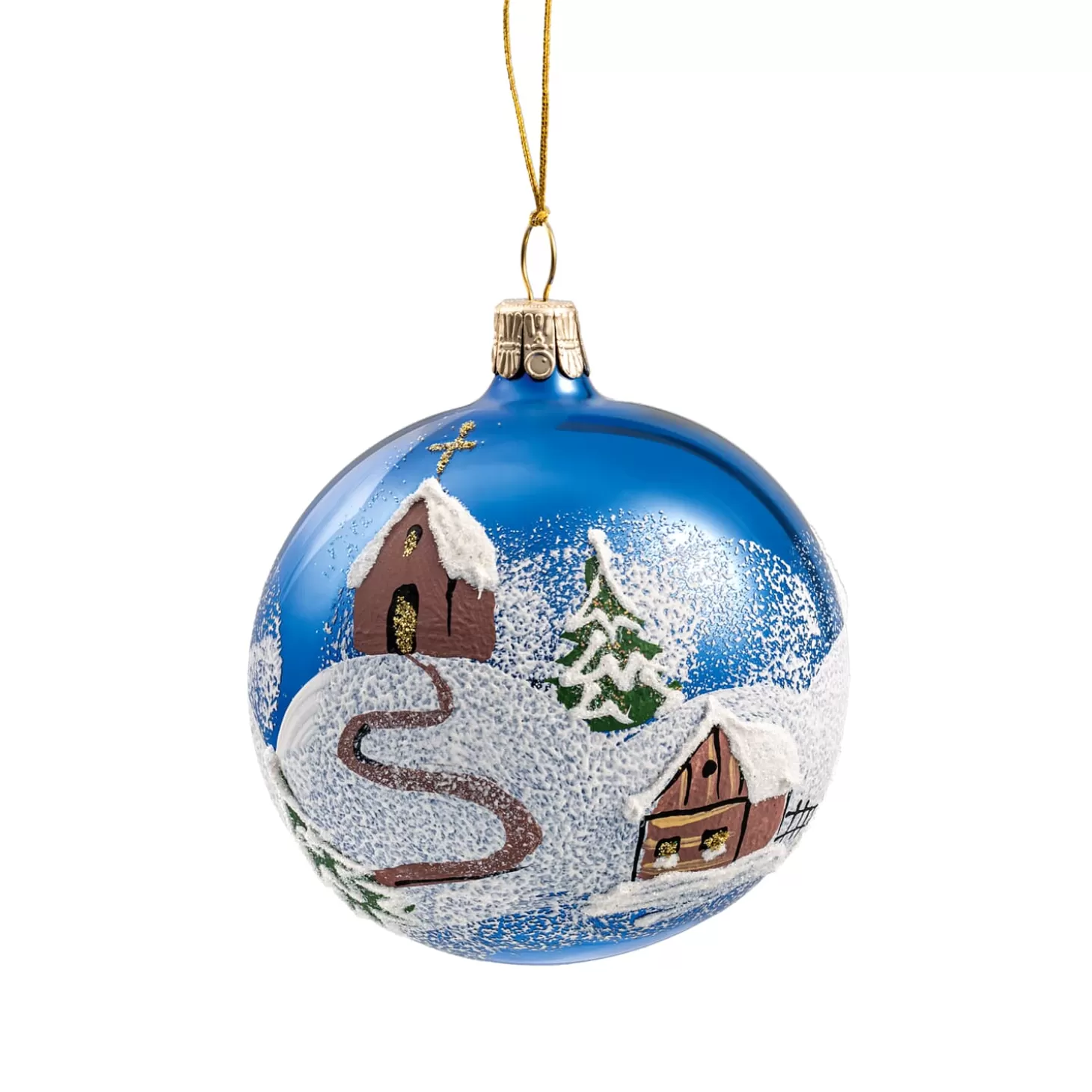 * Tree Baubles And Set Offers>Glass Bauble Blue Church Winter Scene, 7 Cm