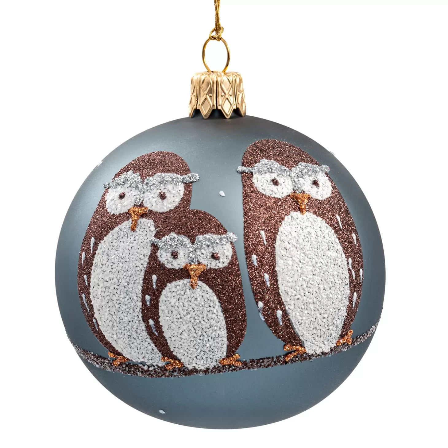 * Tree Baubles And Set Offers>Glass Bauble Blue Matt With Owl Trio, 7 Cm