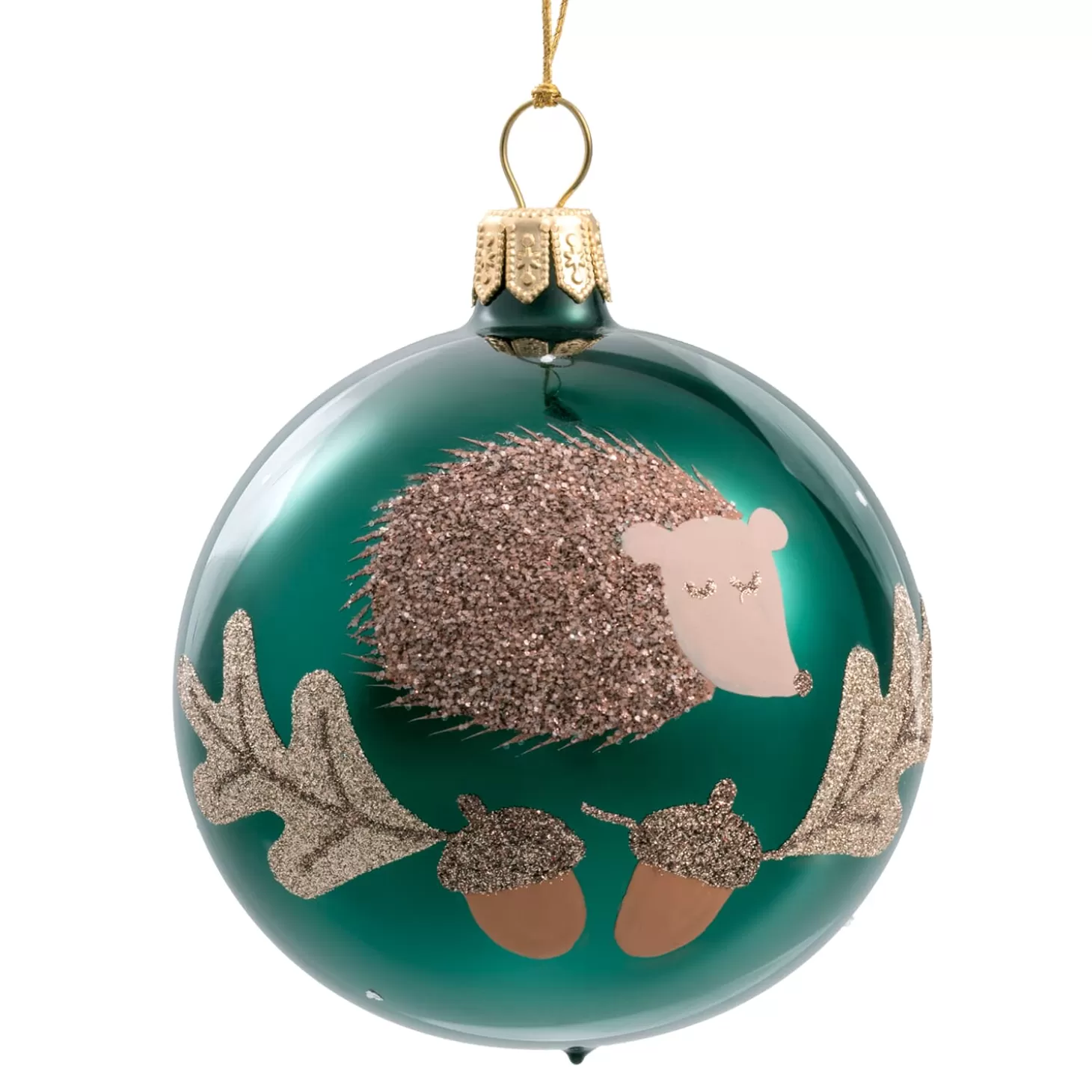 * Tree Baubles And Set Offers>Glass Bauble Green With Hedgehog , 7 Cm