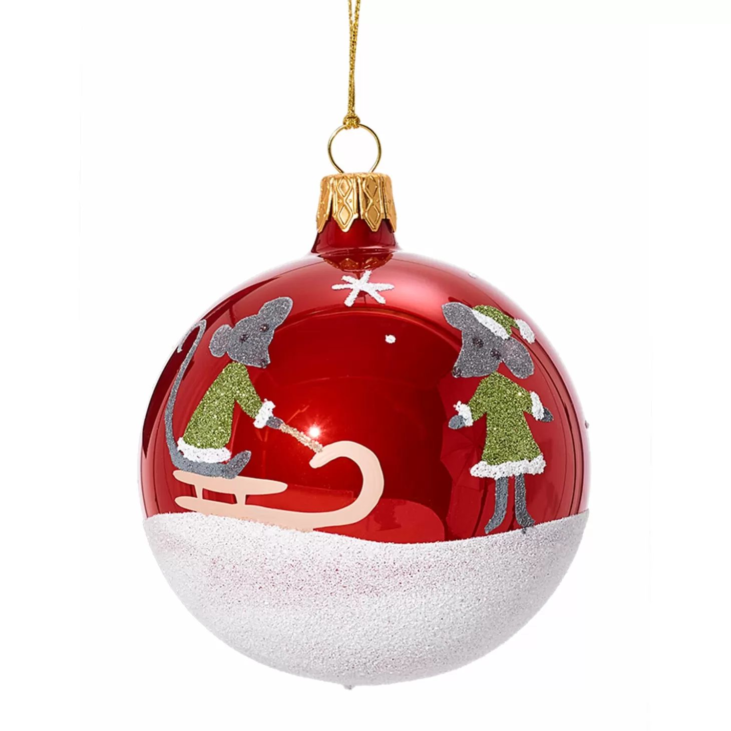 * Tree Baubles And Set Offers>Glass Bauble Red Opal With Sledging Mice, 7Cm