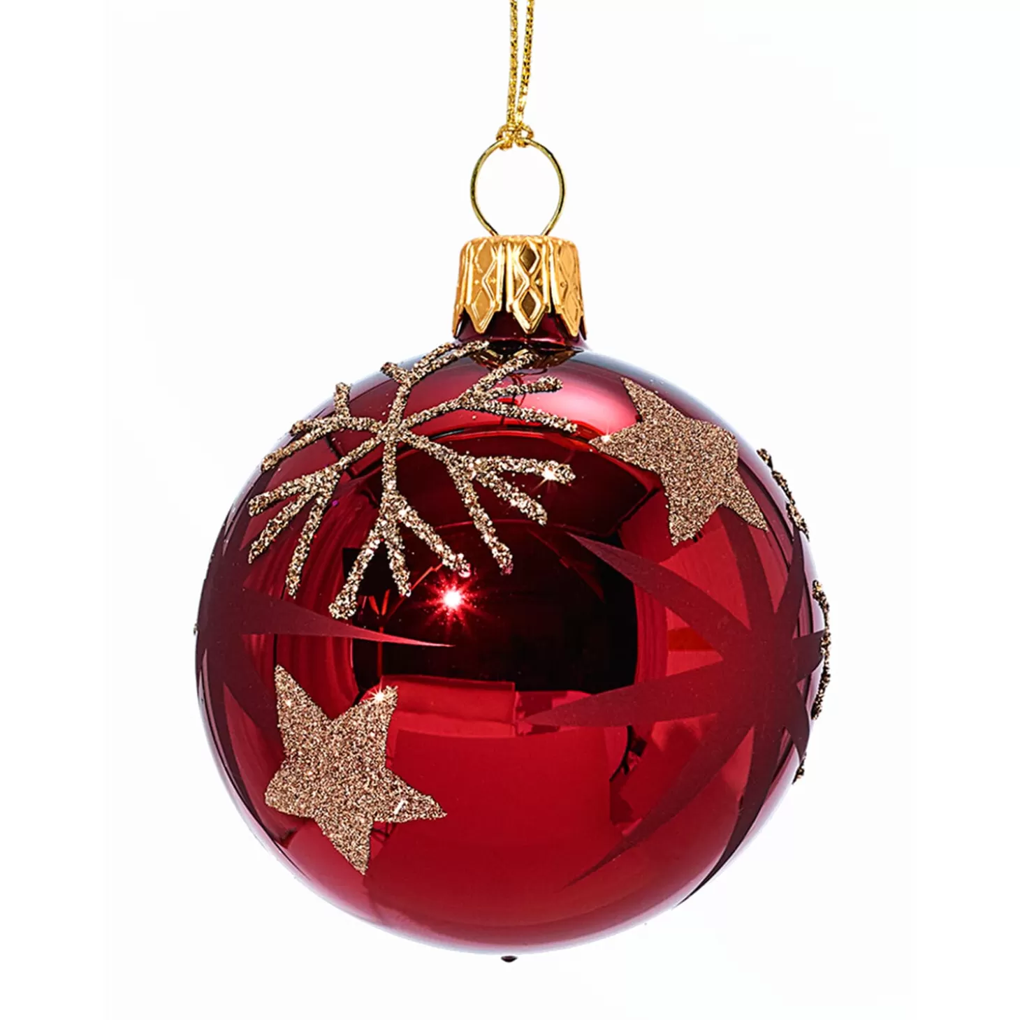 * Tree Baubles And Set Offers>Glass Bauble Red With Golden Stars And Flakes, 6Cm