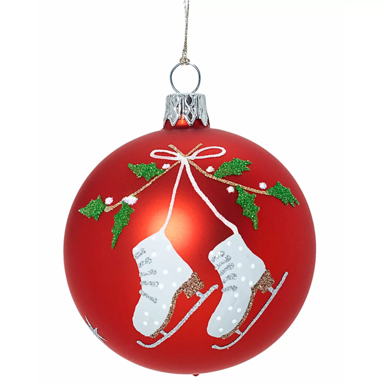 * Tree Baubles And Set Offers>Glass Bauble Red With Ice Skates And Mistletoe, 7Cm
