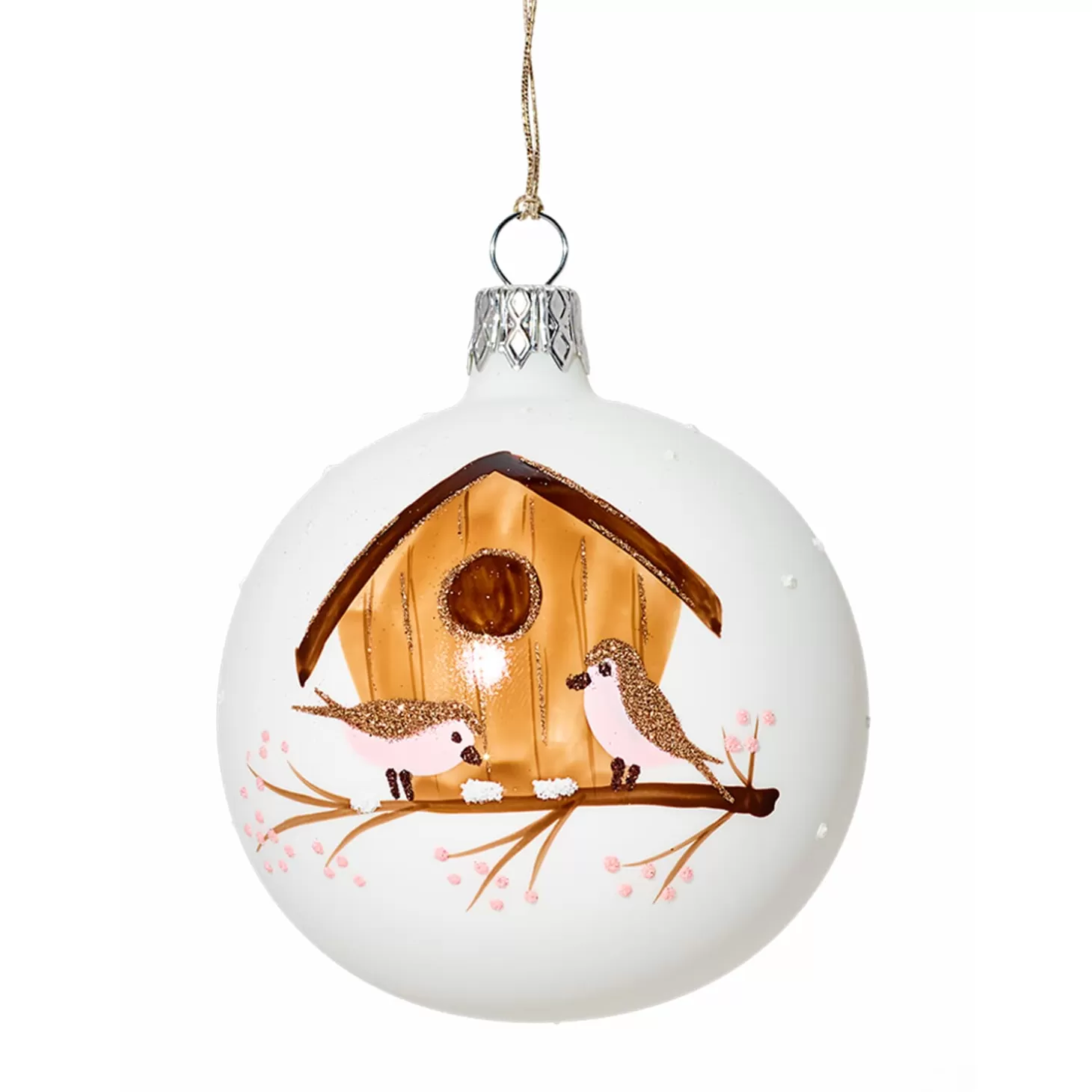 * Tree Baubles And Set Offers>Glass Bauble White With Bird House, 7Cm