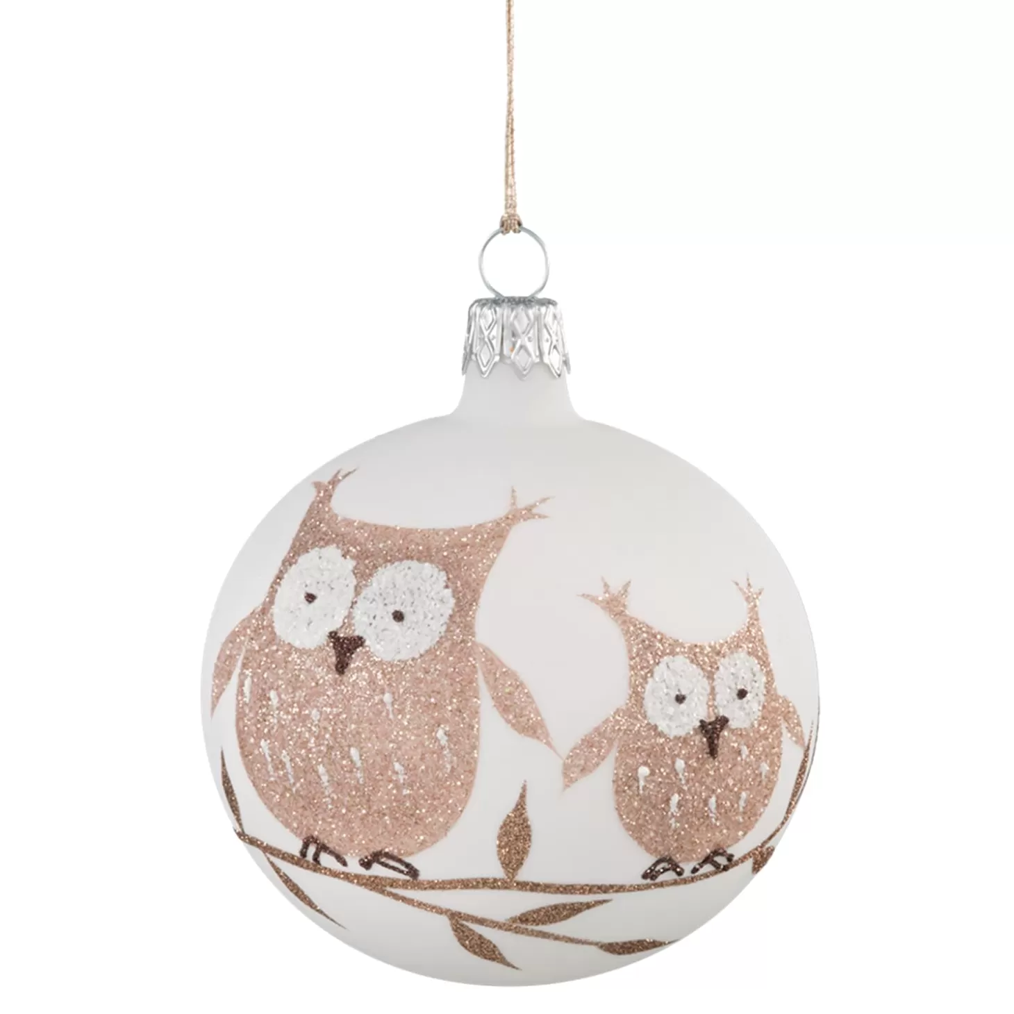 * Tree Baubles And Set Offers>Glass Bauble White With Brown Owls, 7 Cm