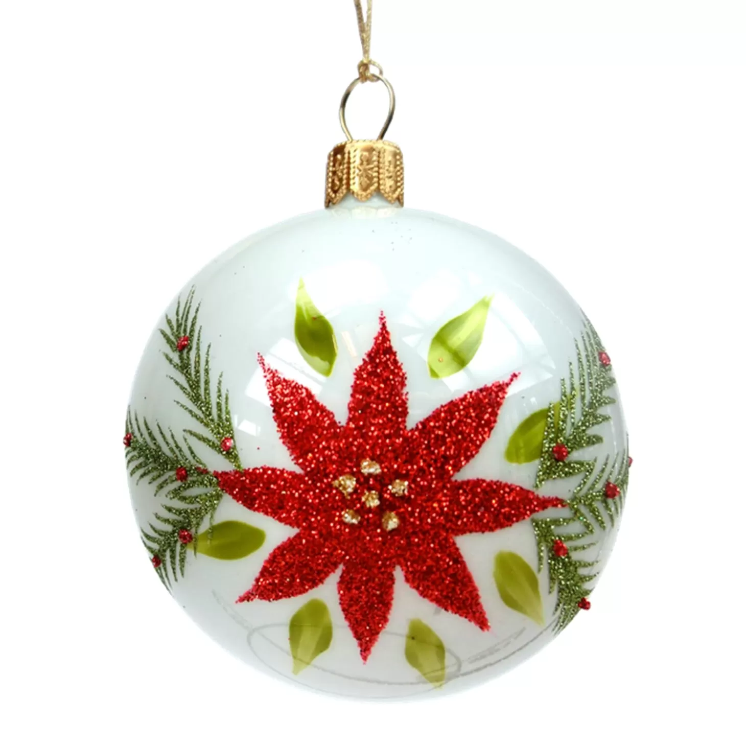 * Tree Baubles And Set Offers>Glass Bauble White With Poinsettia, 7 Cm