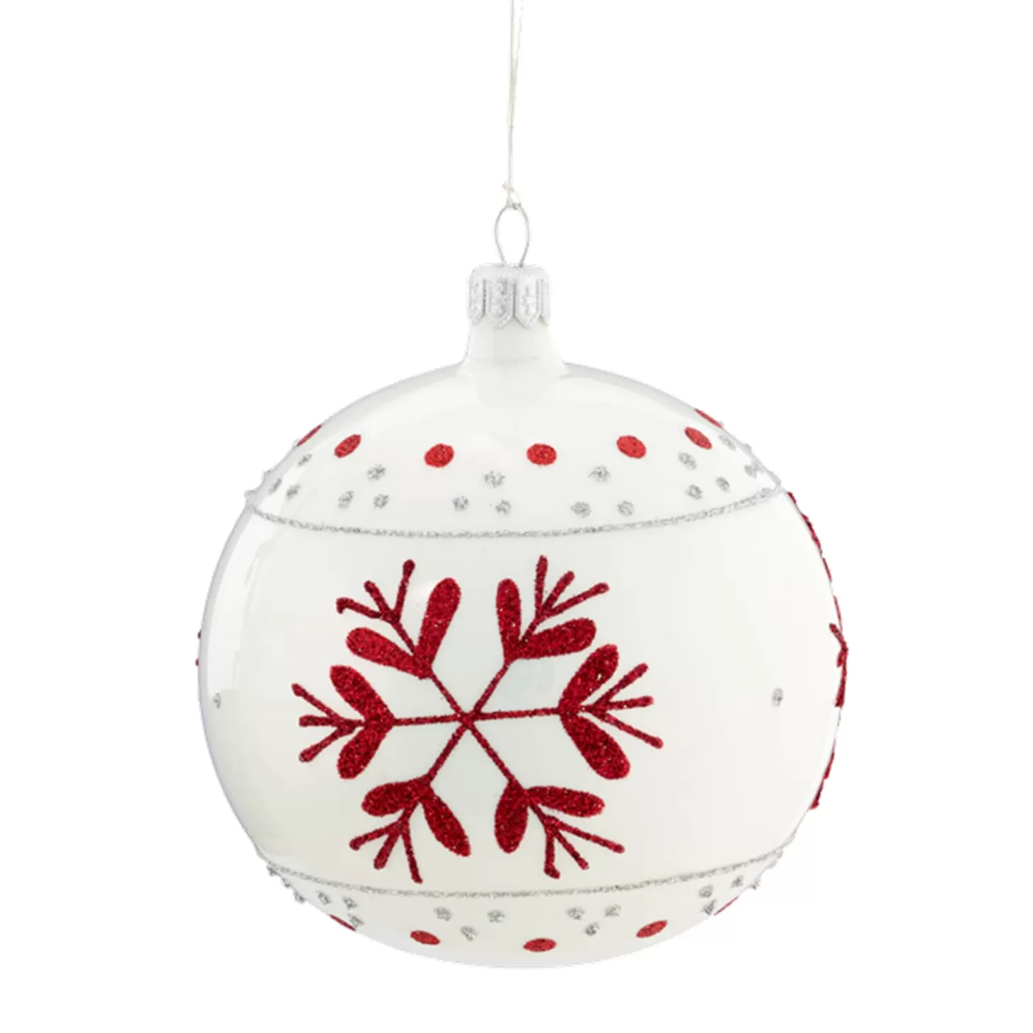 * Tree Baubles And Set Offers>Glass Bauble White With Red Flakes, 10 Cm