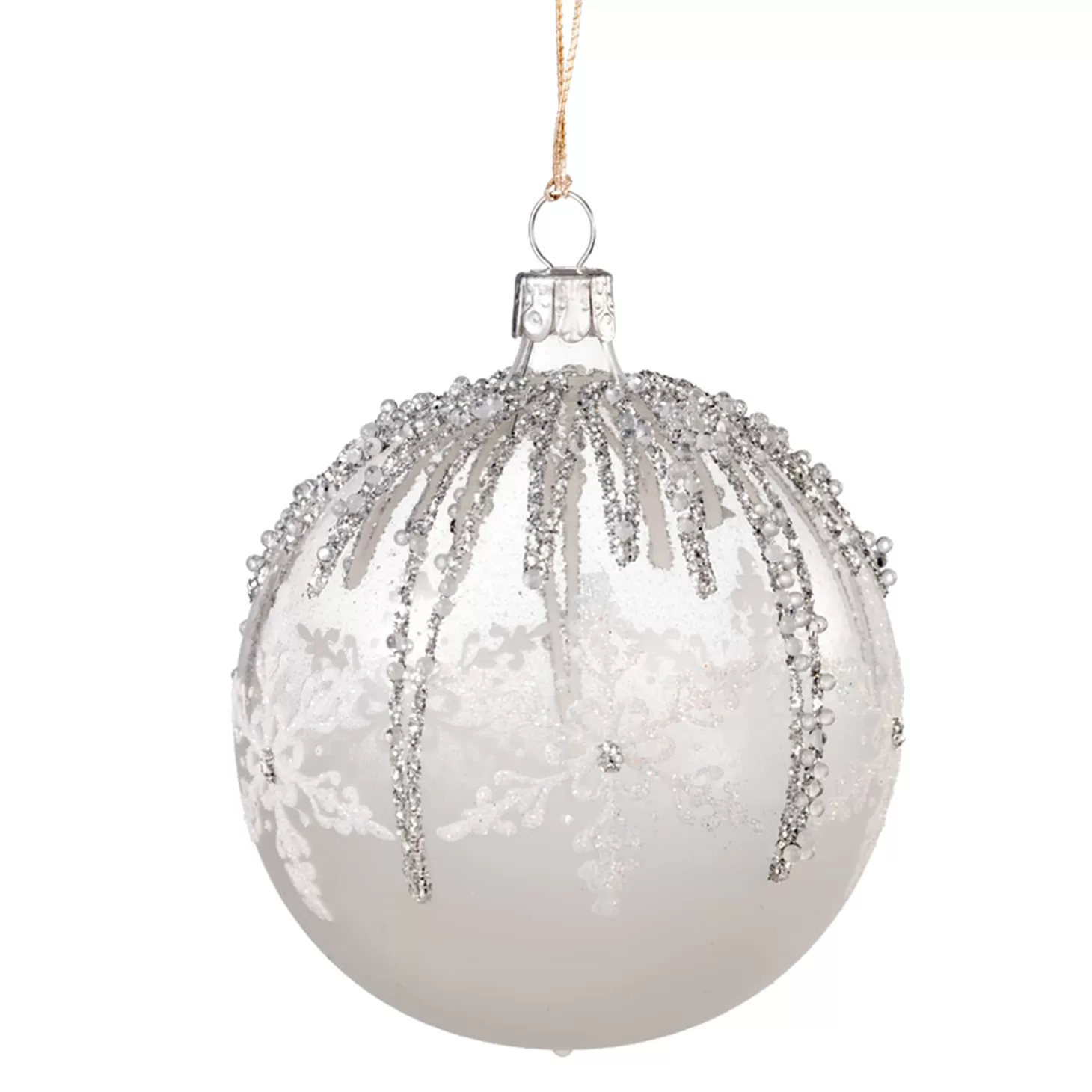 * Tree Baubles And Set Offers>Glass Bauble White With Silver Decor, 8 Cm