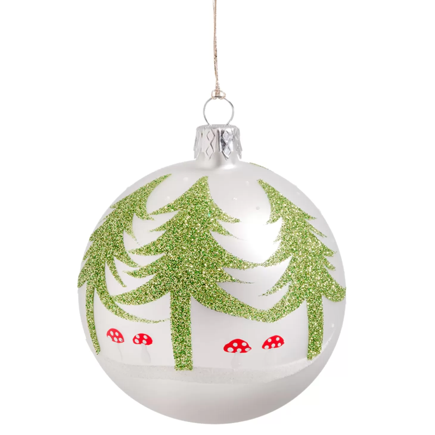 * Tree Baubles And Set Offers>Glass Bauble White With Trees And Mushroom, 8 Cm