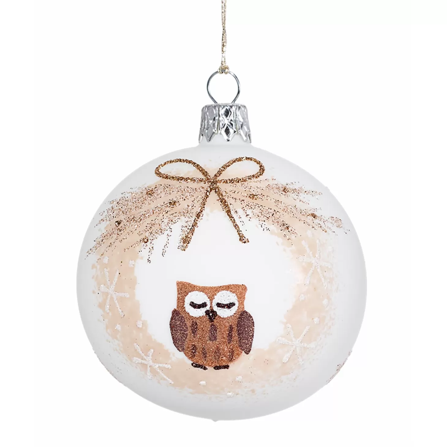 * Tree Baubles And Set Offers>Glass Bauble White With Wreath And Owl, 7Cm