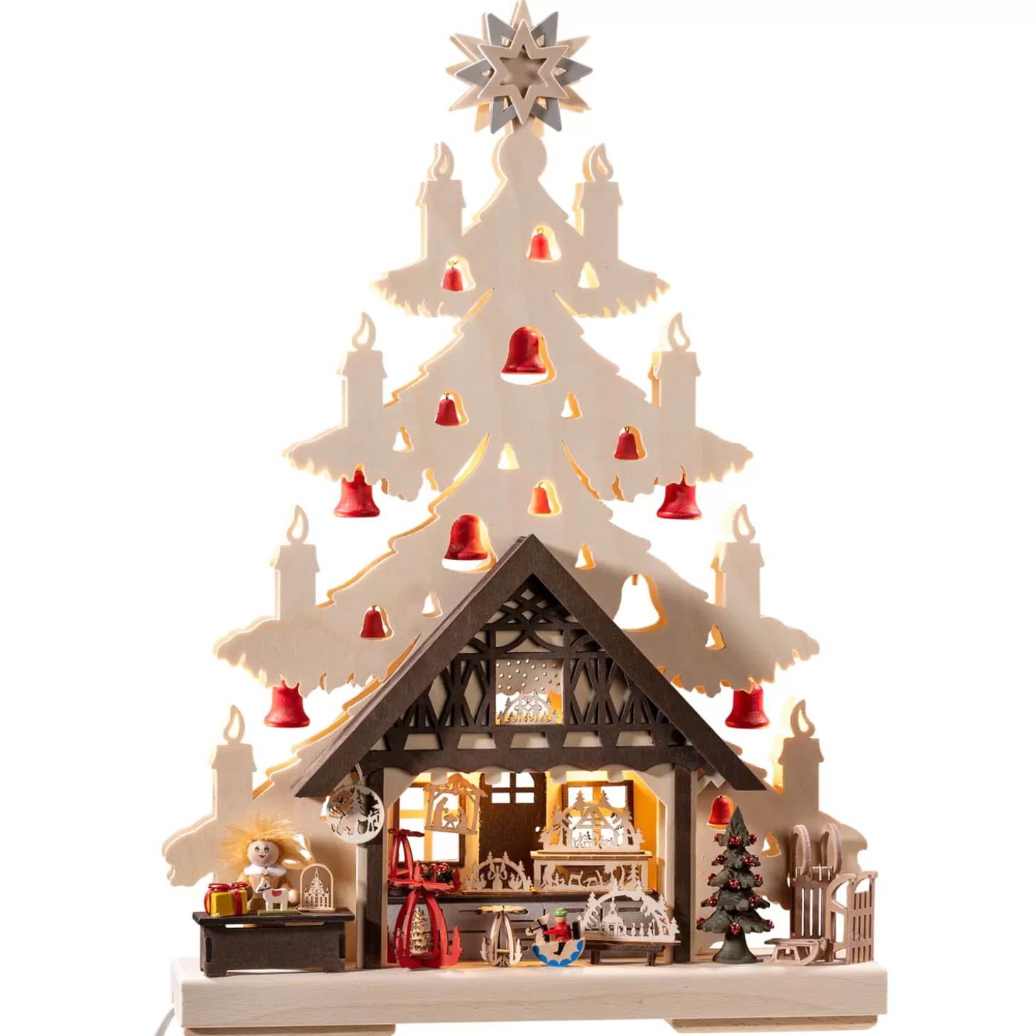 RATAGS Holzdesign Schwibbogen>Schwibbogen "Fir Tree With Gift Store", 230V With Usb A Port