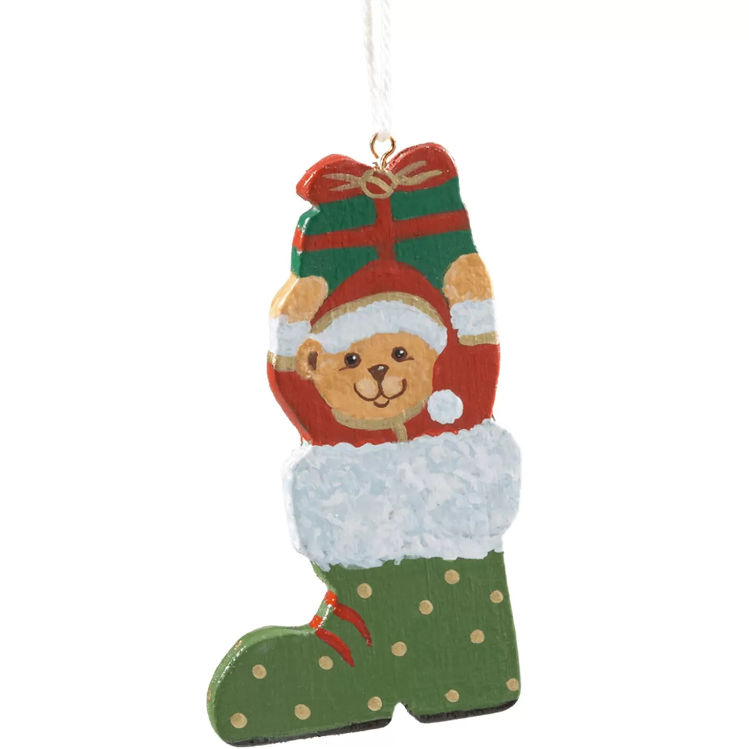 * Pewter Tree Decorations>Teddy In Christmas Boot, Green