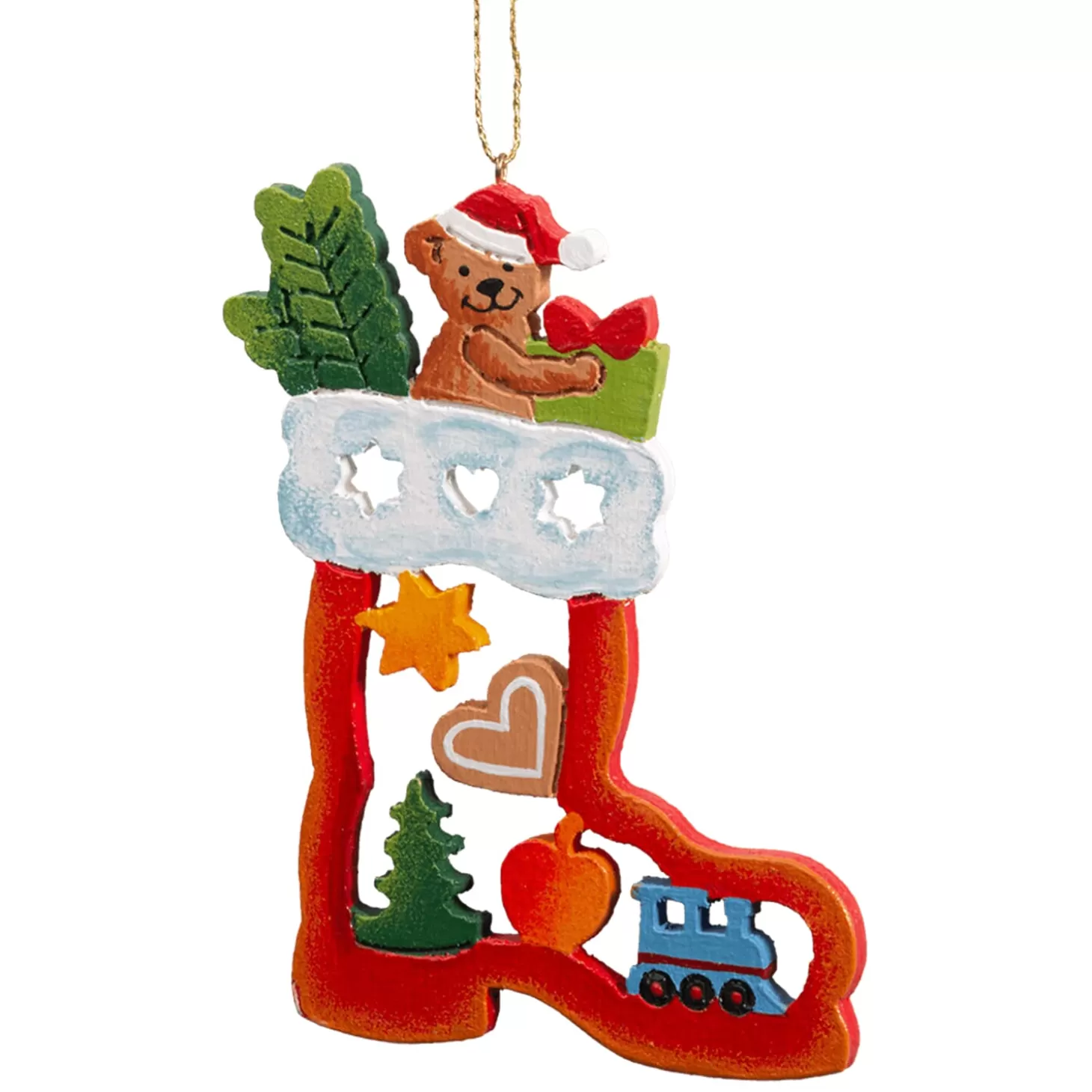 * Wood Tree Decorations>Teddy In Santa's Boot